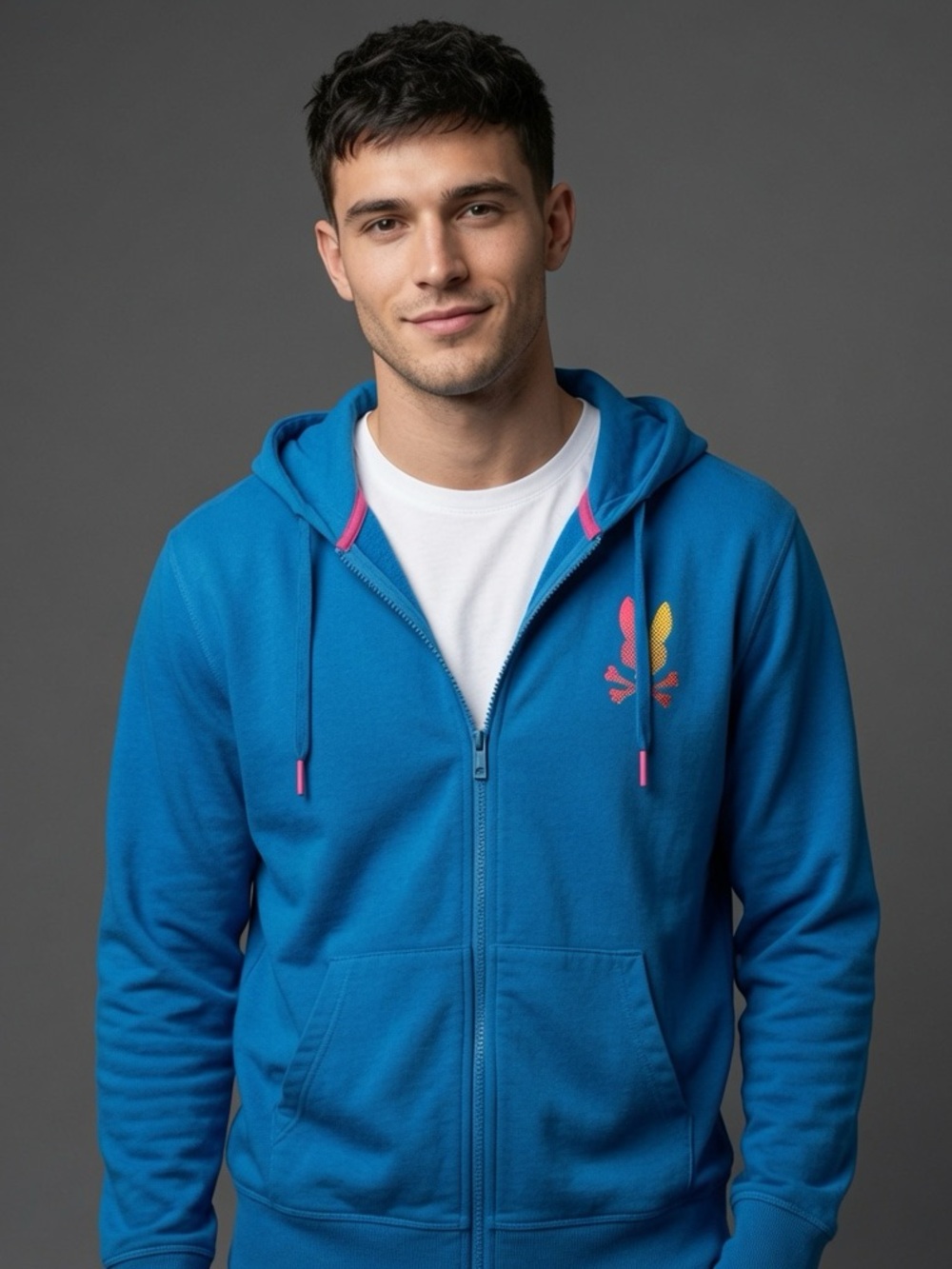 Psycho Bunny Mens Hoodie Full Zip Vibrant Blue with Colorful Logo Size Medium